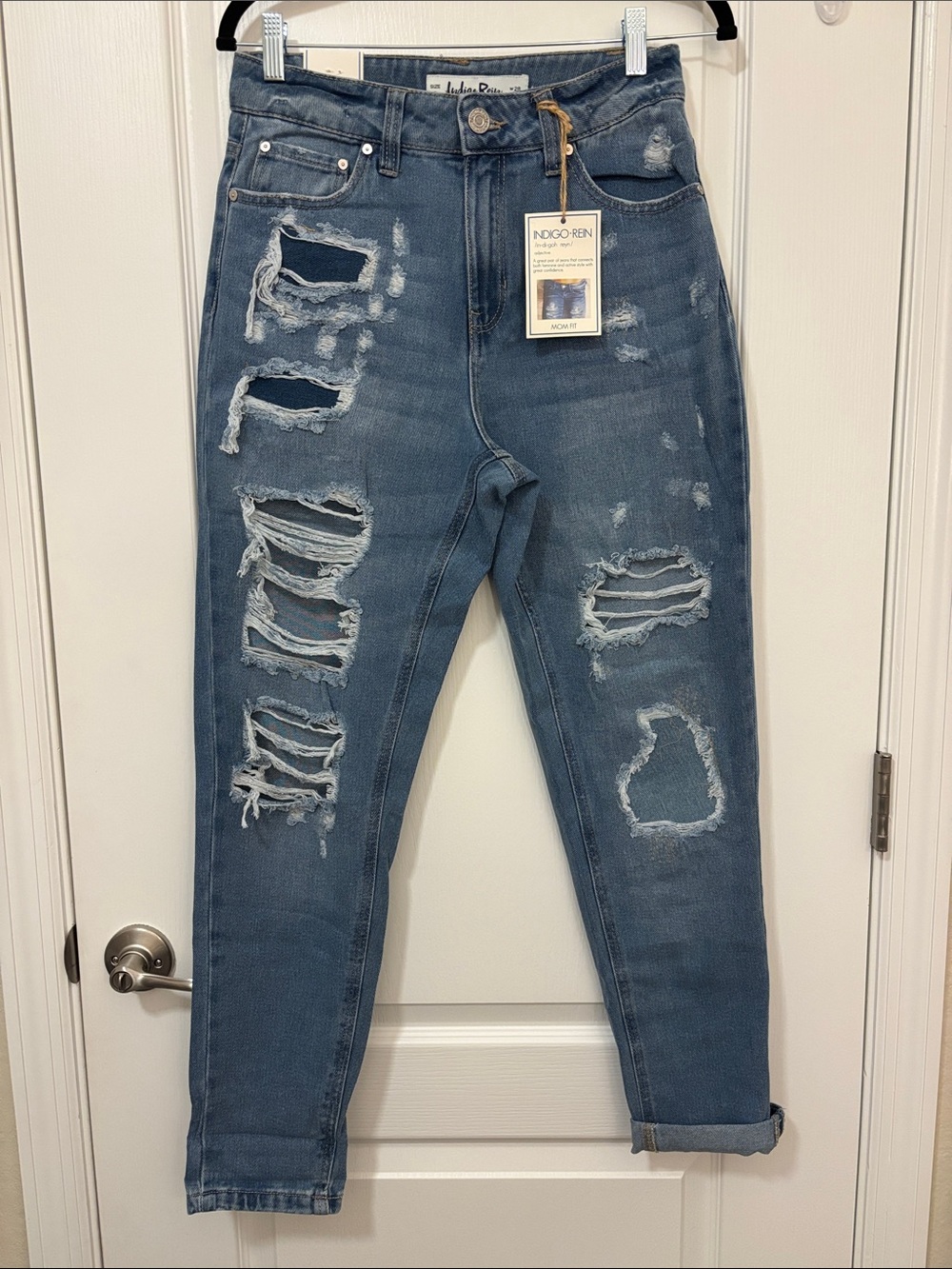 Indigo Rein Women's Light Blue Distressed Mom Jeans
